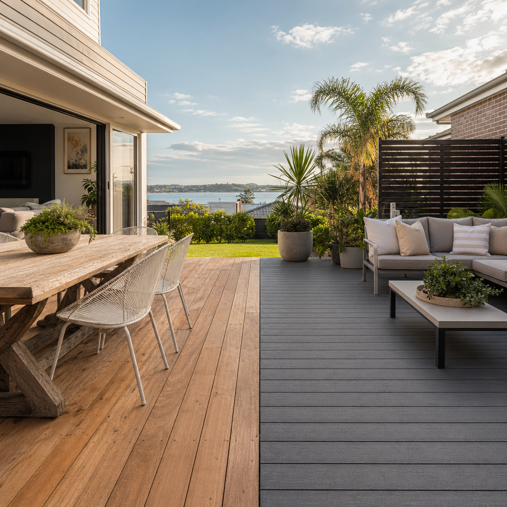 Close-up of modern grey composite decking boards over bright lawn, showing low-maintenance option for Hillsborough outdoor living spaces
