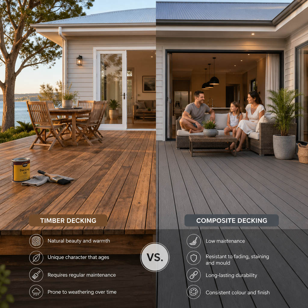 Side‑by‑side timber vs composite decking at a modern Hillsborough home, highlighting maintenance and durability differences for local buyers