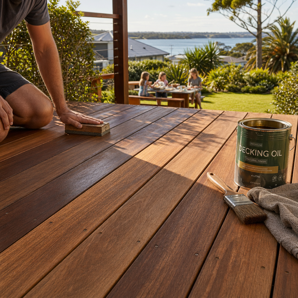 Homeowner oiling a timber deck overlooking a coastal Hillsborough backyard where a family relaxes, highlighting timber decking upkeep