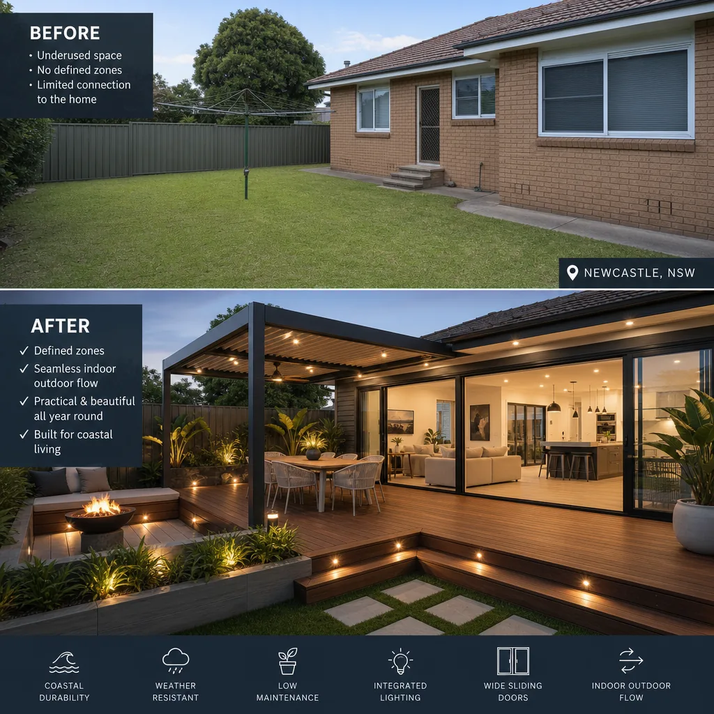 Before-and-after of a Newcastle NSW backyard, a bare lawn transformed into a deck with pergola, integrated lighting and glass doors for year-round outdoor living