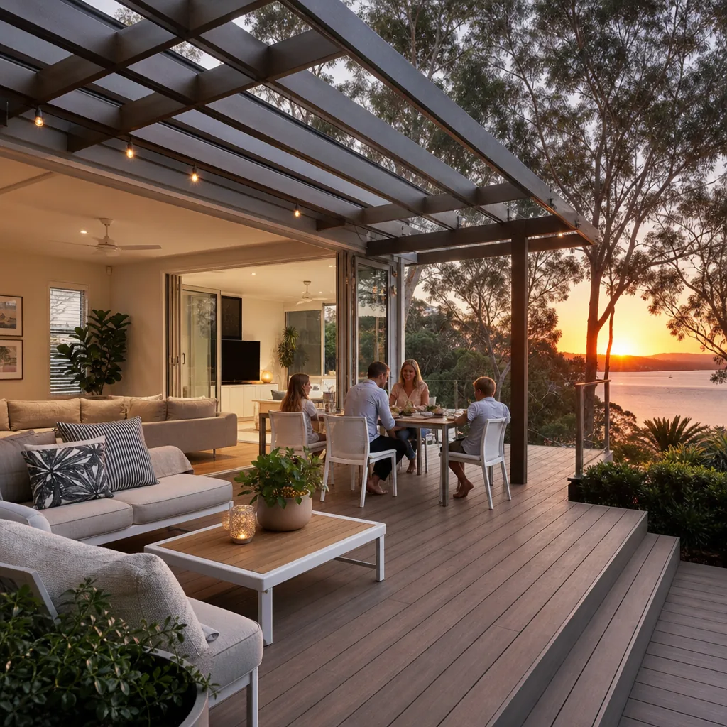 Family dining under a steel-framed pergola on a composite timber deck of a modern Lake Macquarie home at sunset, with lounge seating and water views