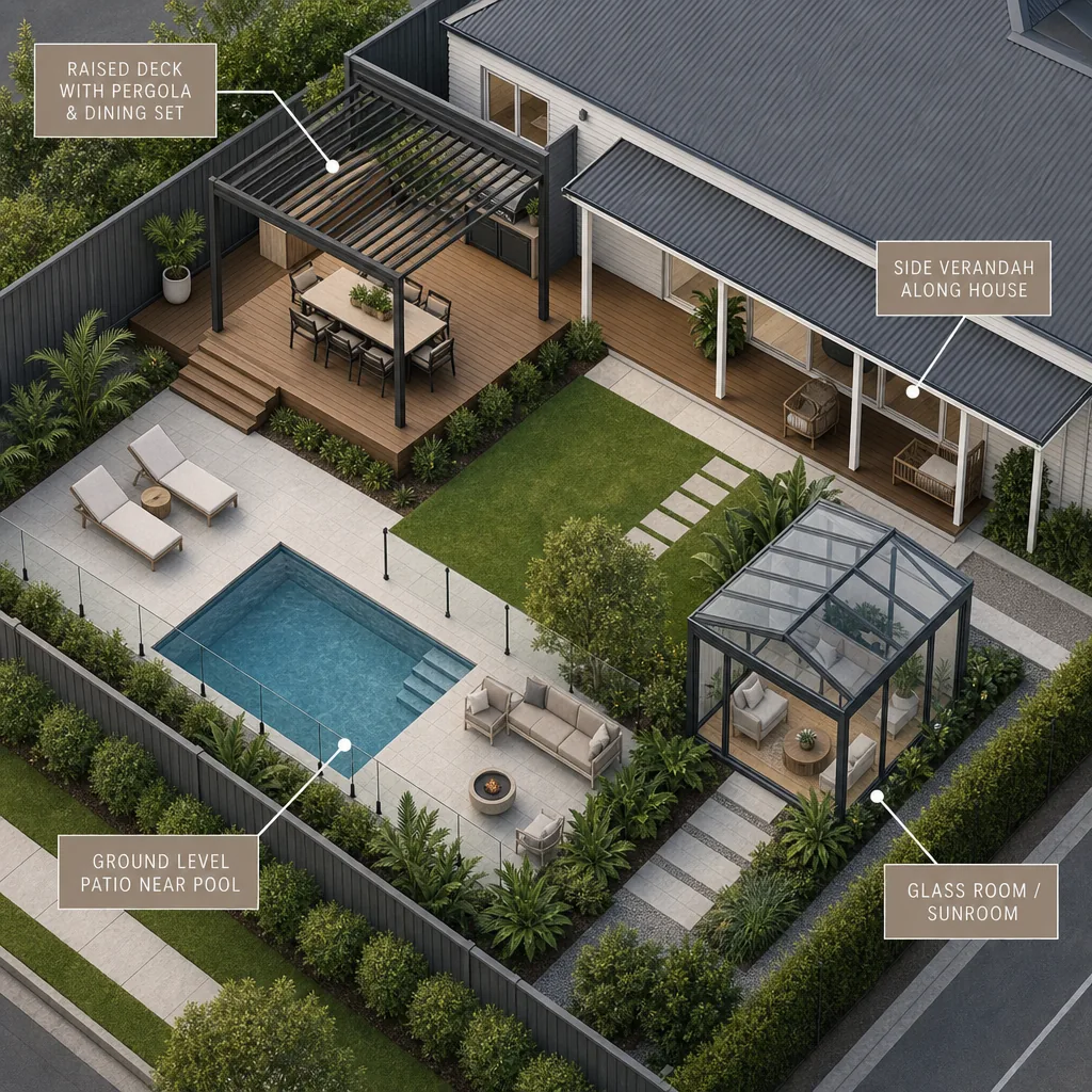 Isometric diagram of a Lake Macquarie backyard showing outdoor living zones — a raised deck with pergola and dining set, a side verandah, a ground-level patio near the pool, and a glass sunroom