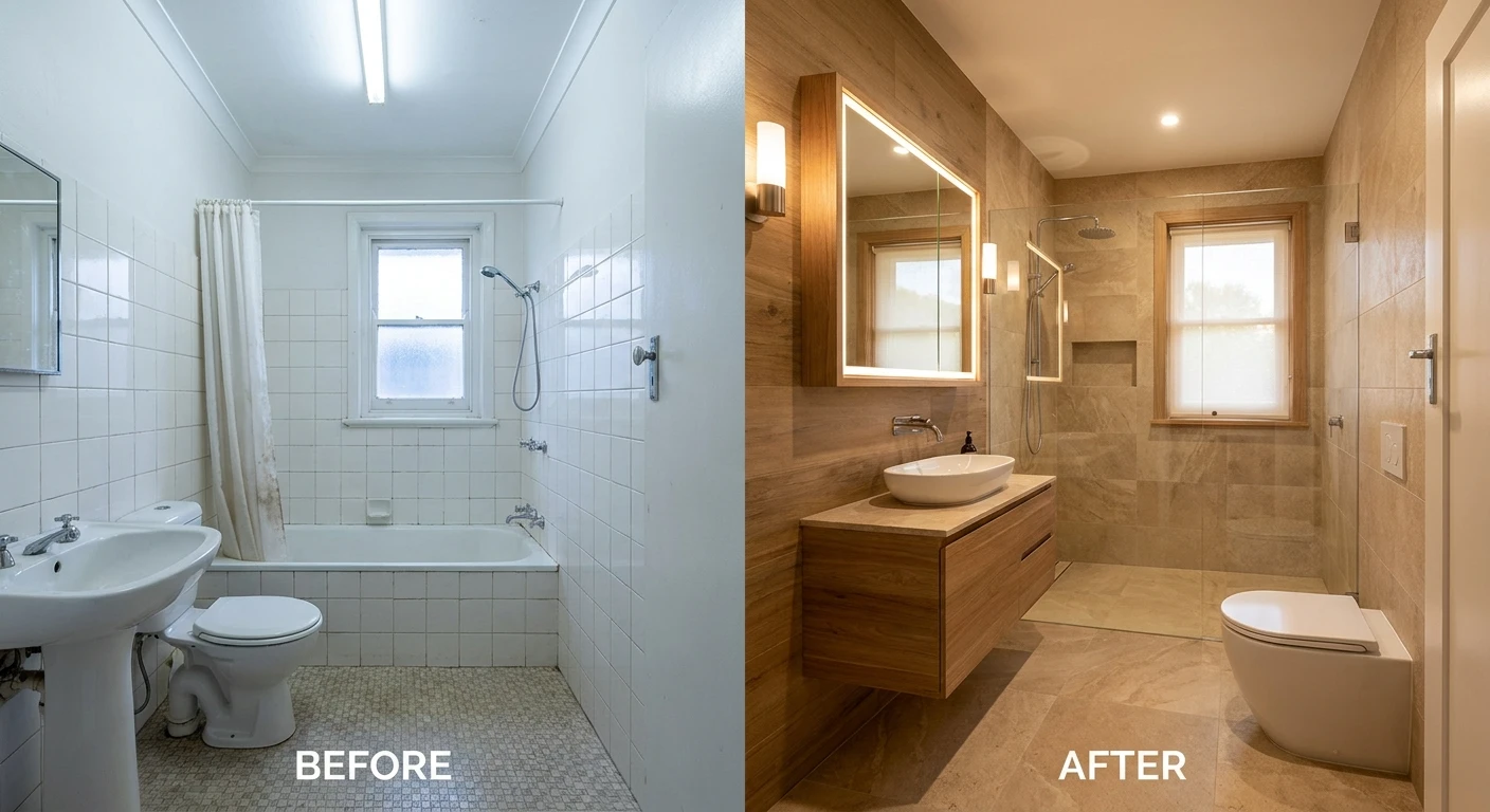 Side‑by‑side before‑and‑after bathroom and laundry renovation showcasing JGBUILD’s warm, spa‑like design, smart storage and modern fixtures