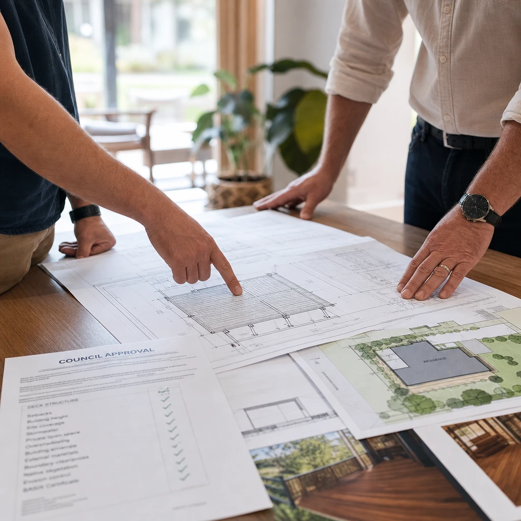 Two homeowners review deck plans and council approval documents on a table while planning a compliant Newcastle outdoor deck
