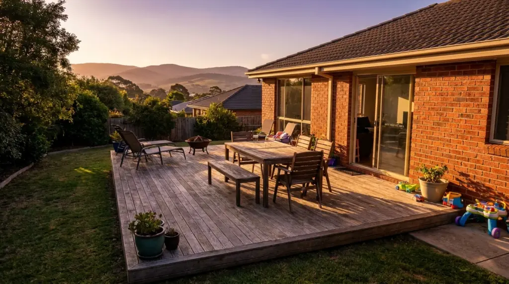 Spacious timber deck on Newcastle home with outdoor dining, lounge seating and coastal view, illustrating council approval guide