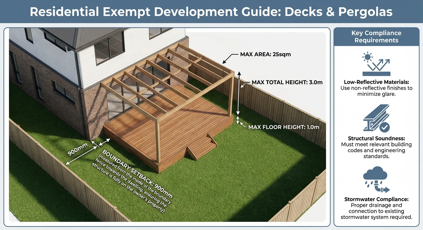 3D diagram of a Newcastle home deck showing exempt development limits, including height, area, boundary setbacks, and compliance rules
