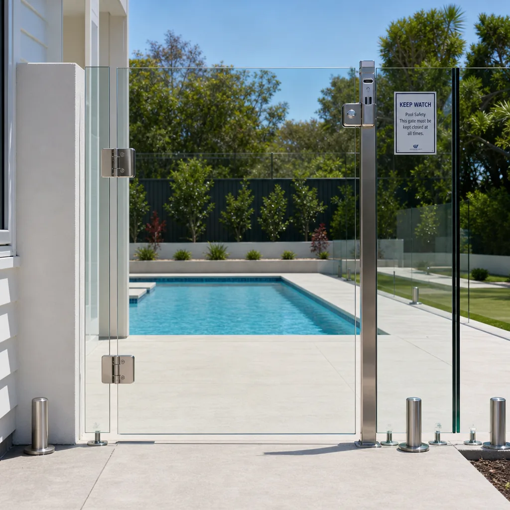 Frameless glass pool fence with a self-closing glass gate and stainless steel spigots around a backyard pool, with a pool safety sign for NSW compliance
