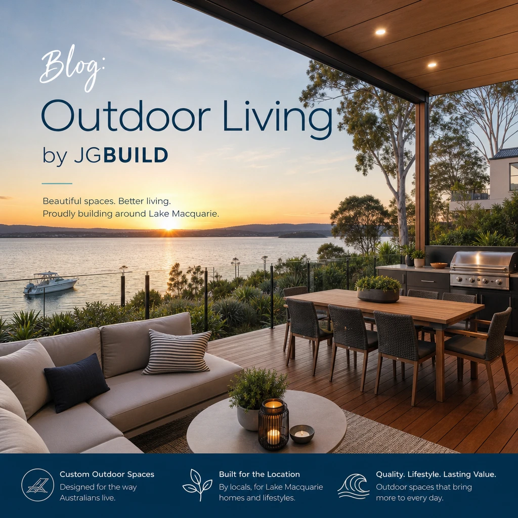 Modern timber deck with pergola, outdoor dining and lounge overlooking Lake Macquarie at sunset for JGBUILD outdoor living blog