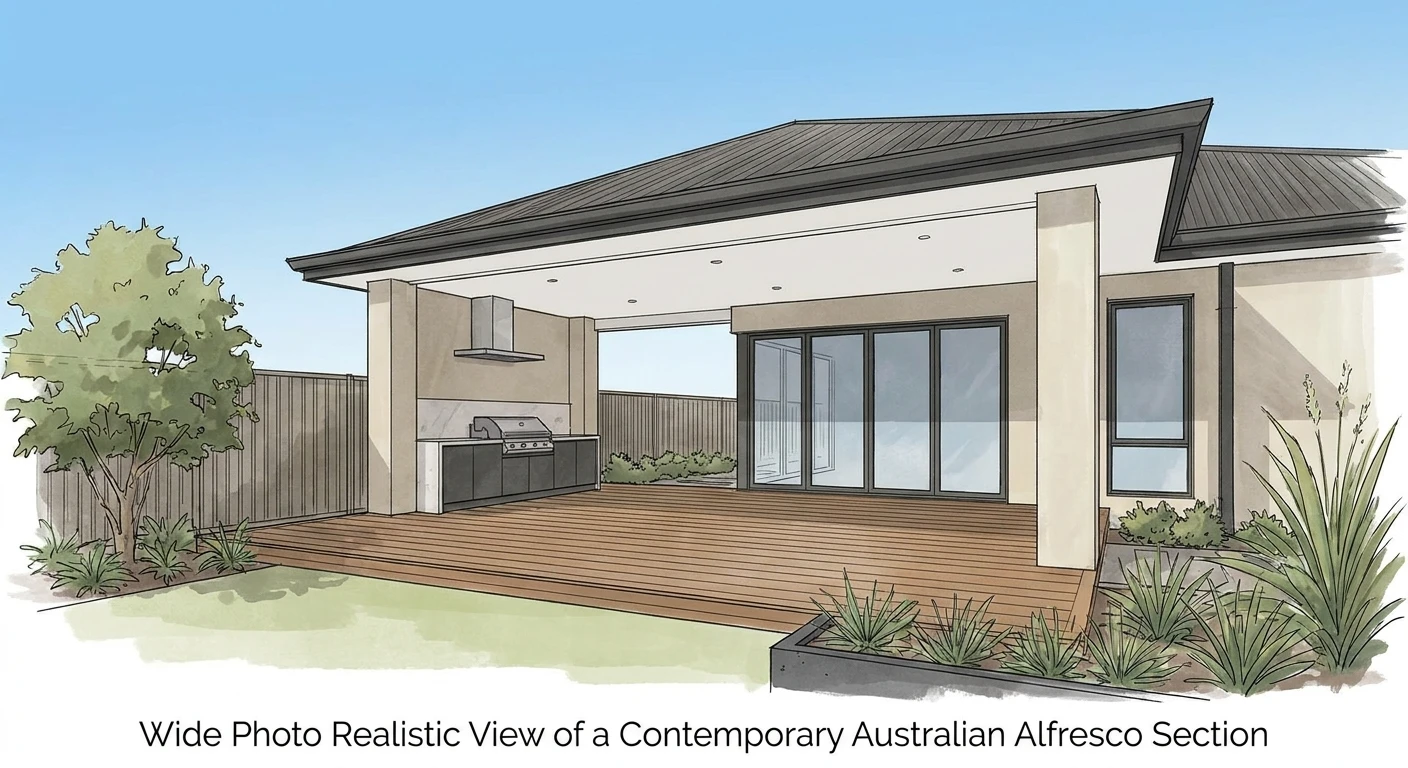 Wide photo realistic view of a contemporary Australian alfresco