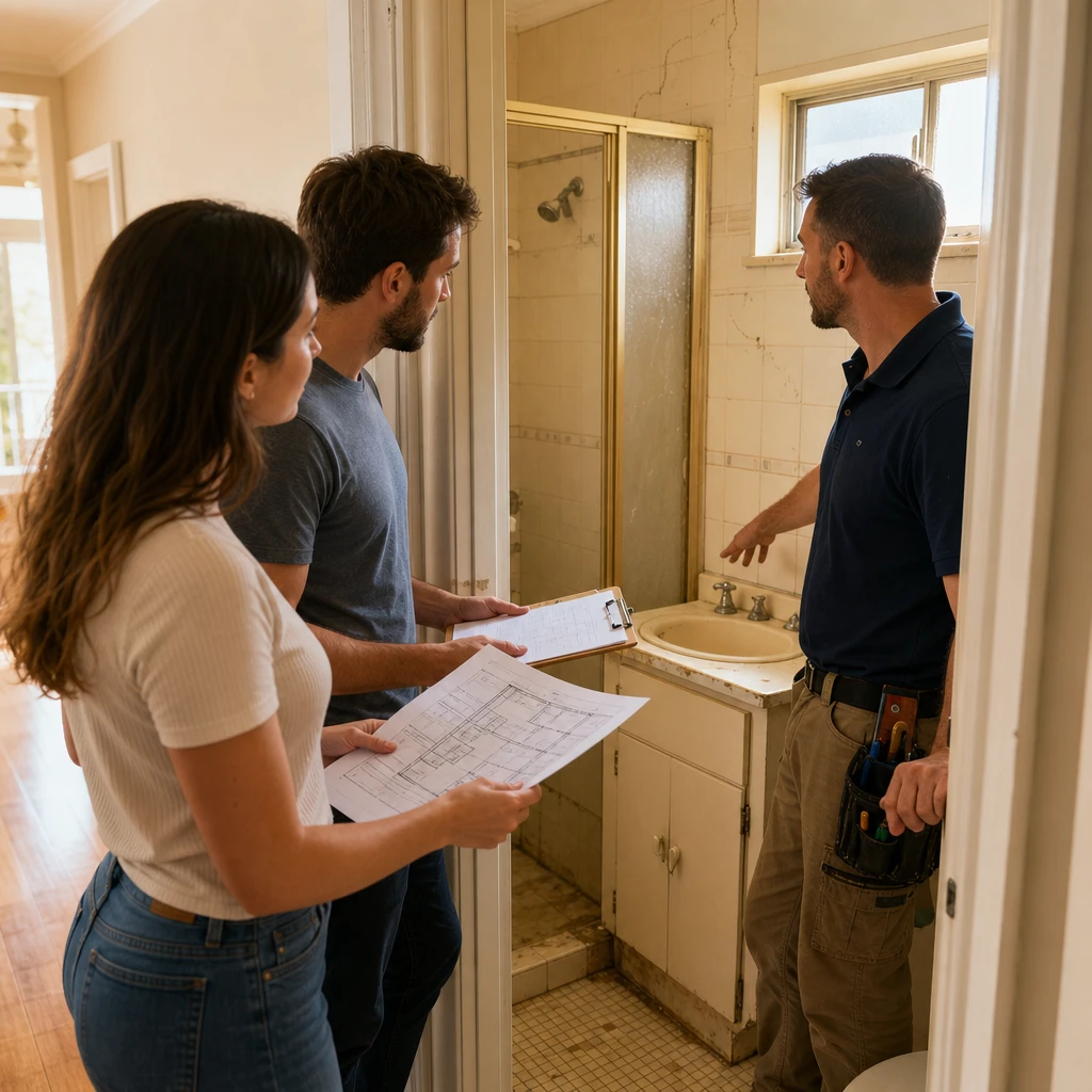 Young couple at bathroom doorway discussing renovation options with a builder in an outdated space.